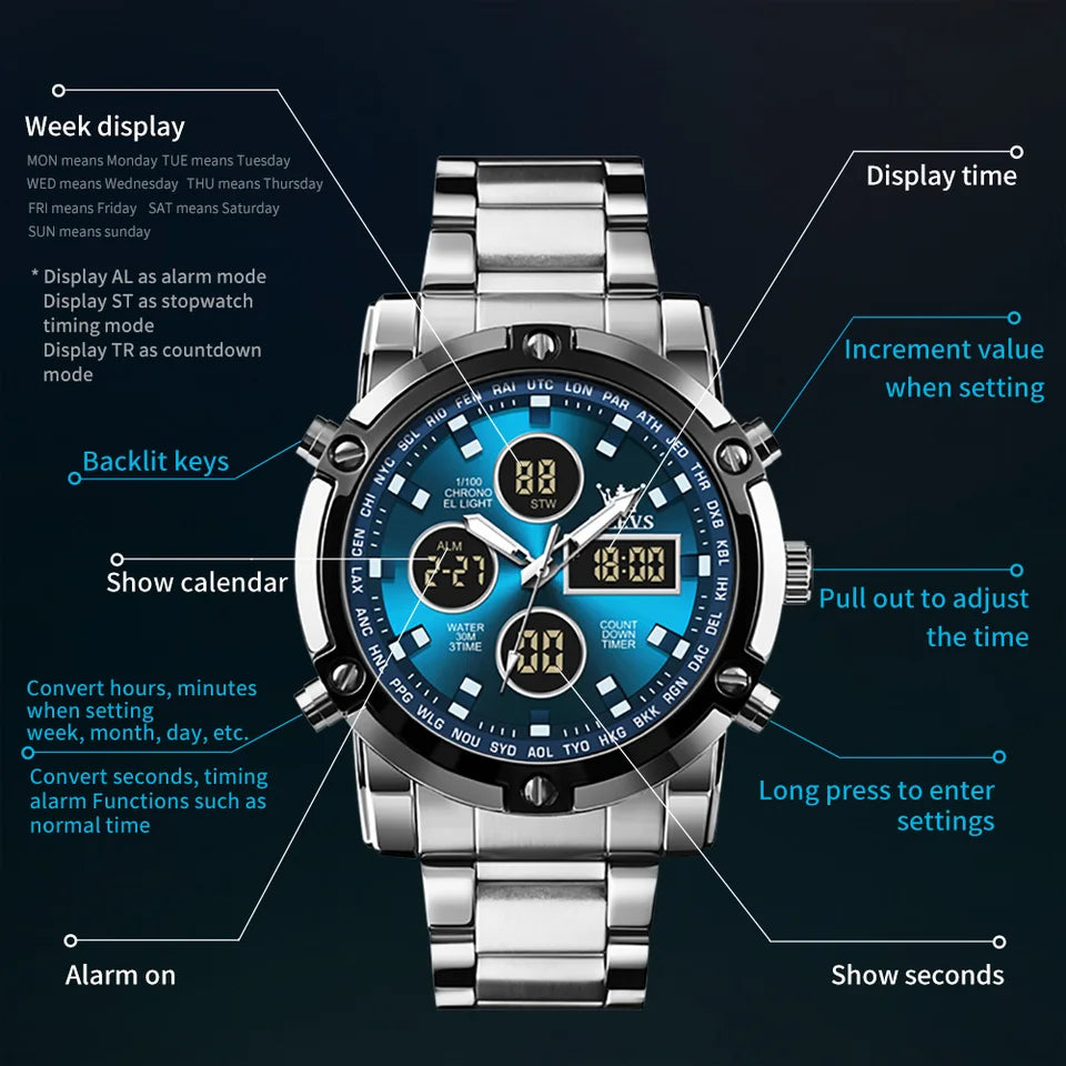 OLEVS Men's Watches Original Multifunctional Wlectronic Watch for Man Waterproof Luminous Alarm Clock Fashion Dress