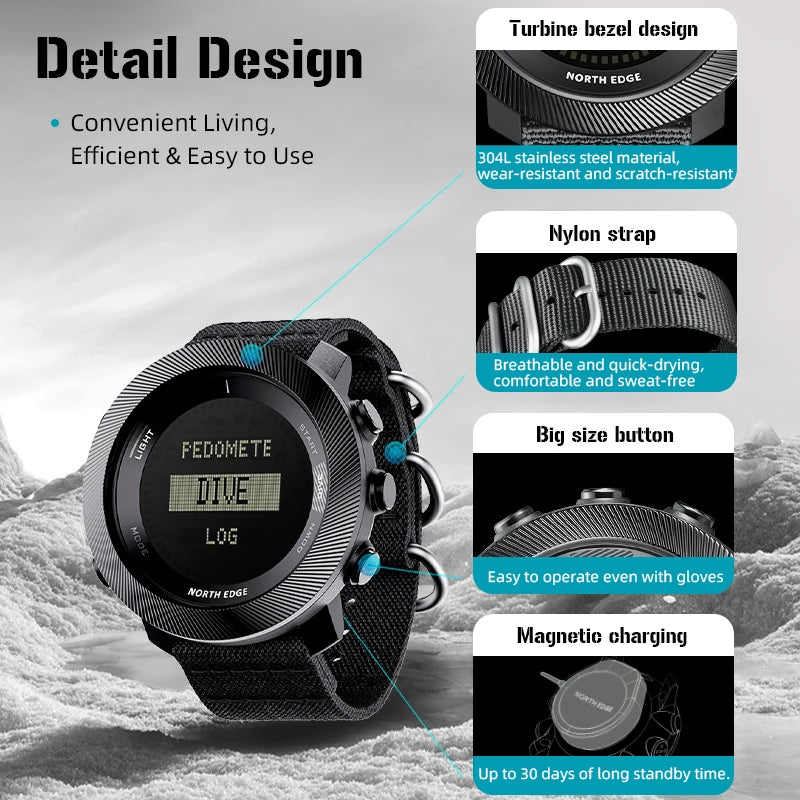 NORTH EDGE APACHE-D Men Free Dive Digital Watch Outdoor Sports Swimming Waterproof 100M Altitude Barometer Compass Wristwatches